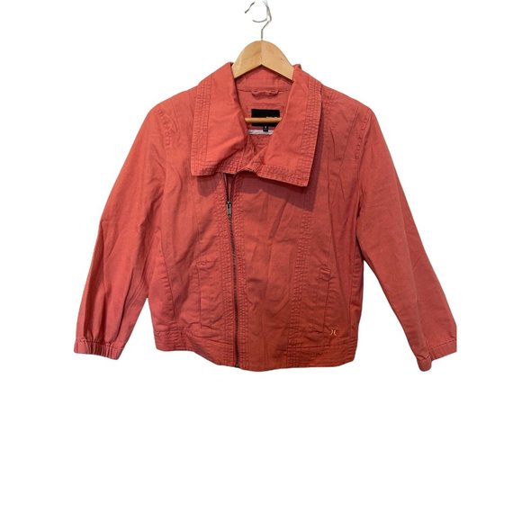 Hurley Lightweight Salmon Pink Jean‎ Jacket Moto Style 100% Cotton Size Small - Picture 1 of 8
